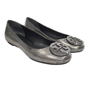 Tory Burch Reva Ballet Flats Metallic Gray Leather Logo 5M Comfort Slip